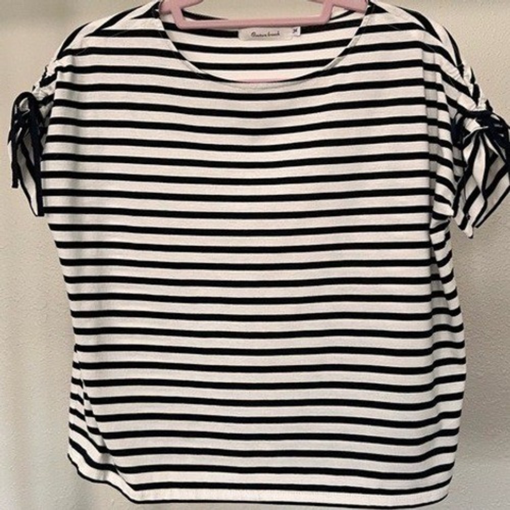 Cotton Striped Tie Sleeve Top Claire Beach Black White Short‎ Sleeve Tee